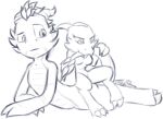  anthro bite black_and_white dracoflames_(artist) duo female feral goodra_(pooky) kobold male male/female monochrome nude tail tail_bite tail_in_mouth telsie 