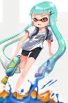  1girl absurdres bike_shorts black_shorts blue_hair brown_eyes domino_mask hair_ornament hairclip highres inkling inkling_girl leg_up long_hair mask mitaka open_mouth pointy_ears shirt short_sleeves shorts solo splatoon_(series) standing standing_on_one_leg tentacle_hair weapon white_shirt 