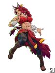  1girl abs absurdres animal_ears bandaged_arm bandages beads boots braid clothes_around_waist fox_ears fox_girl fox_tail highres jacket jacket_around_waist jamrolypoly muscular muscular_female original prayer_beads red_hair signature solo tail tank_top white_background yellow_eyes 