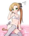  absurdres aged_down akigumo_(kancolle) bikini brown_hair dated flat_chest green_eyes grey_thighhighs grin hair_ribbon highres kantai_collection long_hair maru_(marg0613) one-hour_drawing_challenge ponytail ribbon side-tie_bikini_bottom simple_background smile swimsuit thighhighs two-tone_bikini white_background 
