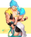  1boy 1girl abs ass bike_shorts black_choker black_tube_top black_vest black_wristband blue_eyes blue_hair breasts bulchi choker closed_mouth collarbone dragon_ball dragon_ball_super dragon_ball_z eye_contact eyelashes face-to-face fingernails gogeta hair_between_eyes height_difference high_ponytail holding_hands large_breasts looking_at_another looking_down median_furrow metamoran_vest muscular muscular_male ommmyoh pants parted_lips pectorals ponytail profile sidelocks single_bang size_difference skindentation smile spiked_hair strapless striped striped_background super_saiyan super_saiyan_blue thick_thighs thighs tube_top two-tone_background vest waist_cape white_background white_pants wrist_wrap wristband yellow_background 