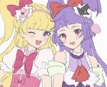  2girls :d asahina_mirai blonde_hair blush cure_magical cure_miracle earrings eyelashes frills hair_ornament hair_ribbon happy hat headband highres izayoi_liko jewelry long_hair mahou_girls_precure! mini_hat mini_witch_hat multiple_girls nemuiyoo00 one_eye_closed open_mouth pink_eyes pom_pom_(clothes) pom_pom_hair_ornament precure puffy_sleeves purple_eyes purple_hair ribbon simple_background smile white_background witch_hat 
