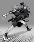  2girls belt black_belt black_coat black_footwear black_headwear black_pantyhose black_skirt blue_hair boots breasts buttons closed_eyes coat fighting flat_chest gogalking grabbing gradient_background grey_background grey_hair hat highres holding_another&#039;s_wrist large_breasts long_hair martial_arts military_hat military_uniform multiple_girls ofelia_(gogalking) original pants pantyhose pleated_skirt portia_(gogalking) purple_eyes skirt sparring speed_lines sword uniform weapon white_background white_pants 