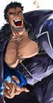  1boy bara bare_pectorals beard black_corset blue_fire claw_pose corset dark-skinned_male dark_skin facial_hair fire forked_eyebrows halloween halloween_costume itaru_(kidomh63) large_pectorals male_focus mature_male muscular muscular_male open_clothes open_shirt pectorals sandayu_(housamo) scar scar_on_cheek scar_on_face short_hair slit_pupils solo tokyo_afterschool_summoners tongue tongue_out vampire_costume 