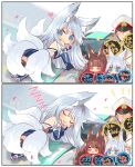  1boy 3girls akagi_(azur_lane) animal_ear_fluff azur_lane black_necktie blue_eyes blush brown_hair chibi closed_eyes commander_(azur_lane) confetti fox_tail grey_hair hat heart kaga_(azur_lane) kitsune military_hat multiple_girls necktie open_mouth putimaxi race_queen red_eyes shinano_(azur_lane) shinano_(moonlit_chrome)_(azur_lane) sleeping tail zzz 