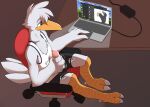  anthro avian bird bodily_fluids chastity_cage chastity_device clothed clothing computer disney genital_fluids hi_res king_clawthorne laptop male masturbation miau precum solo stork stork_dude the_owl_house 