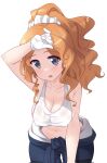  1girl blue_eyes blush breasts cleavage collarbone girls_und_panzer hair_ornament hair_scrunchie highres isabe_(girls_und_panzer) kuzuryuu_kennosuke large_breasts long_hair looking_at_viewer navel open_mouth orange_hair scrunchie shirt simple_background smile solo sweat tank_top wet wet_clothes wet_shirt white_background white_tank_top 