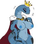  2020 alien anthro blue_body blue_nipples breasts cape clothing crown eyes_closed female front_view genitals half-length_portrait headgear hi_res lenni_(artlegionary) mostly_nude mrmelta nipples portrait pussy scalie sharp_teeth simple_background solo teeth white_background wurae 