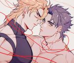  2boys birthmark blonde_hair blue_eyes blue_hair closed_mouth collarbone commentary dio_brando fangs hako_iix07 hand_on_another&#039;s_head jewelry joestar_birthmark jojo_no_kimyou_na_bouken jonathan_joestar large_pectorals long_hair looking_at_viewer male_focus multiple_boys muscular muscular_male pectorals phantom_blood red_eyes scar scar_on_neck short_hair stardust_crusaders string string_of_fate symbol-only_commentary topless_male vampire yaoi 