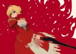  1girl absurdres blonde_hair braid breasts cleavage dress fate/extra fate_(series) green_eyes hair_bun hair_ribbon highres holding holding_sword holding_weapon kowai_(iamkowai) large_breasts looking_at_viewer nero_claudius_(fate) red_background ribbon simple_background single_hair_bun solo sword weapon white_petals 