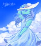  absurd_res ais05 anthro clothed clothing cloud dragon dress female hair hat headgear headwear heidi_(the7thprimarch) hi_res looking_away paledrake_(artist) scalie solo sun_hat sundress wide_brim_hat 