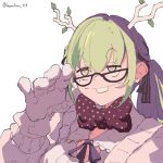  1girl adjusting_eyewear bow bowtie buck_teeth cardigan ceres_fauna ceres_fauna_(3rd_costume) cleavage_cutout clothing_cutout glasses gloves green_hair harutimu highres hololive hololive_english mole mole_under_eye nerd_emoji open_cardigan open_clothes oversized_gloves purple_ribbon ribbon shirt smile teeth twintails twitter_username white_background white_gloves white_shirt yellow_eyes 