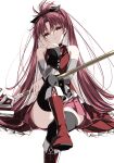  1girl bare_shoulders hand_on_own_chin highres long_hair magical_girl mahou_shoujo_madoka_magica misteor polearm ponytail red_hair sakura_kyouko solo spear weapon white_background 