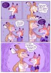 4_fingers anthro big_breasts black_eyes bra breasts brown_body canid canine clothing comic deer duo female fingers fox hi_res male mammal red_body renita_reed scared shirt smile spanish_text text topwear underwear 