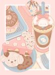  absurdres animal-themed_food border cake cake_slice coffee commentary cookie cupcake doughnut english_commentary english_text food food_focus fork highres iced_coffee icing napkin nekomaru0817 no_humans original pastel_colors picnic_basket pink_background plate scenery simple_background sprinkles sweets tray 