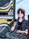  1boy black_eyes black_shirt blue_pants brown_hair closed_mouth commentary_request digital_media_player earbuds earphones expressionless feet_out_of_frame grey_shirt holding ichijou_seiya ipod ipod_nano kaiji laundromat laundry long_hair male_focus medium_bangs open_clothes open_shirt pants shirt sitting solo unknown03162 washing_machine 