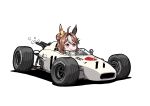  1girl car character_name copano_rickey_(umamusume) cowlick driving ear_covers hair_bun hair_intakes highres kaito_schumacher motor_vehicle multicolored_hair pink_eyes race_vehicle racecar shadow single_side_bun smile smoke solo streaked_hair umamusume v-shaped_eyebrows vehicle_focus vehicle_request white_background 