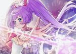  1girl aqua_eyes blurry blush bow closed_mouth foreshortening hair_bow highres long_hair looking_at_viewer machiko_(milk_maciko) manaka_lala outstretched_arm pink_bow pretty_(series) pripara purple_hair serious solo twintails upper_body very_long_hair 