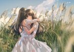  2girls cloud day dress field fly_(marguerite) grass hand_on_another&#039;s_shoulder hand_on_another&#039;s_waist highres hug long_hair looking_at_viewer multiple_girls original outdoors pinafore_dress sky sleeveless sleeveless_dress tall_grass third-party_source white_dress yuri 