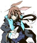  1girl amiya_(arknights) animal_ears arknights ascot black_jacket blue_eyes brown_hair highres hood hooded_jacket jacket jewelry long_hair long_sleeves open_clothes open_jacket pleated_skirt purple_ascot rabbit_ears ring shikei skirt solo thumb_ring 