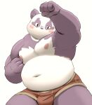  2023 anthro bear belly big_belly blush bulge clothing giant_panda humanoid_hands kemono male mammal meg_hoi moobs navel nipples overweight overweight_male purple_body solo underwear white_body 