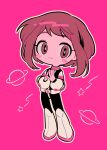  1girl blush_stickers boku_no_hero_academia brown_eyes brown_hair chibi closed_mouth eyelashes full_body highres long_sleeves menma_(enaic31) no_nose outline own_hands_together pink_background saturn_(planet) short_hair smile solo star_(symbol) uraraka_ochako white_footwear white_outline 