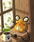  closed_eyes commentary_request cup dedenne fang highres indoors mug no_humans on_shelf open_mouth plant pokemon pokemon_(creature) sapling sleeping solo tomozo_(muginosukejr) vines window 