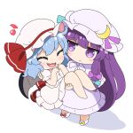  2girls :&lt; barefoot bat_wings blue_bow blue_hair blue_ribbon blunt_bangs blush bow carrying chibi closed_eyes closed_mouth commentary_request commission crescent crescent_hat_ornament dress dress_ribbon fang footwear_bow frown full_body hair_bow hair_ribbon hat hat_ornament highres lavender_dress light_blue_hair long_hair mob_cap multiple_girls musical_note open_mouth patchouli_knowledge pink_bow pink_dress pink_ribbon pixiv_commission princess_carry purple_eyes purple_hair red_bow red_ribbon remilia_scarlet ribbon rizleting shadow short_hair simple_background smile touhou very_long_hair white_background wings yellow_bow 