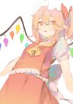  1girl absurdres artist_name ascot blush bow commentary crystal flandre_scarlet hair_between_eyes hat hat_bow highres looking_at_viewer mob_cap orange_eyes orange_hair pfallen pointy_ears puffy_short_sleeves puffy_sleeves red_bow red_skirt red_vest shirt short_sleeves simple_background sketch skirt skirt_set touhou triangle_mouth upper_body vest white_background white_headwear white_shirt wings yellow_ascot 