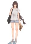  1girl alternate_costume bag black_hair blush brown_headwear casual closed_mouth clothes_writing full_body grey_shorts hair_between_eyes hat highres holding holding_clothes holding_hat kantai_collection kasumi_(skchkko) light_smile long_hair looking_at_viewer nagato_(kancolle) red_eyes shirt shoes short_sleeves shorts simple_background solo standing straight-on white_background white_footwear white_shirt 