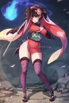  1girl armor arms_up black_hair breasts brown_eyes comb flower full_body hair_flower hair_ornament hitodama japanese_armor japanese_clothes katana kimono large_breasts mitsu_(mitsu_art) momohime obi oboro_muramasa open_mouth sash short_kimono shoulder_armor standing sword thighhighs weapon 