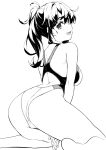  1girl ass back bare_shoulders blush breasts competition_swimsuit greyscale highleg highleg_swimsuit highres kekemotsu kneeling large_breasts long_hair looking_at_viewer looking_back monochrome one-piece_swimsuit open_mouth ponytail racerback sidelocks smile solo swimsuit thighs 