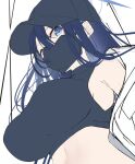  1girl baseball_cap black_headwear black_mask blue_archive blue_eyes blue_hair breasts coat crop_top hair_between_eyes halo hat large_breasts long_hair looking_at_viewer mask mouth_mask nidaime_(doronbo) open_clothes open_coat saori_(blue_archive) simple_background sketch solo upper_body white_background white_coat 