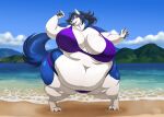 2022 anthro beach big_breasts biglovealicia blue_body bra breasts canid canine canis claws clothed clothing dancing detailed_background digital_media_(artwork) digitigrade ears_up female fur hair hi_res huge_belly huge_breasts looking_at_viewer mammal multicolored_body neck_tuft obese obese_female open_mouth overweight overweight_female purple_bra purple_clothing purple_underwear seaside signature smile solo tuft underwear white_body wolf yellow_eyes 