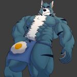  2023 abs anthro asian_clothing biceps black_stripes blackclown00 blue_body blue_fur blush blush_lines body_hair bulge canid canine canis chest_tuft claws clothed clothing collar deltoids ear_piercing east_asian_clothing egg_pattern eye_scar facial_scar finger_claws flexor_carpi fundoshi fundoshi_only fur grey_background hair happy_trail japanese_clothing male mammal muscular muscular_anthro muscular_male muscular_thighs notched_eyebrow obliques pawpads pecs piercing quads scar simple_background solo spiked_collar spikes stripes sunny_side_up_egg topless tuft underwear underwear_only white_hair wolf 