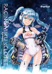  1girl angel_wings aqua_eyes artist_name black_jacket blue_hair breasts character_name cleavage_cutout closed_mouth clothing_cutout comiket_102 commentary company_name contrapposto cover cover_page cowboy_shot detached_sleeves doujin_cover flame_print floating_hair goodsmile_racing hands_on_own_hips hatsune_miku highres jacket leotard lips logo long_hair mayo_riyo night night_sky off_shoulder racing_miku racing_miku_(2014) shiny_clothes sky small_breasts smile smiley_face solo sparkle standing star_(sky) thighhighs twintails vocaloid white_leotard white_sleeves white_thighhighs wings 