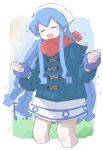  1girl alternate_costume blue_coat blue_hair blush border bracelet breath buttergirl_02 clenched_hands closed_eyes coat cropped_legs dress fur-trimmed_hood fur_trim hat highres hood hood_down hooded_coat ikamusume jewelry long_hair long_sleeves open_mouth outside_border red_scarf scarf shinryaku!_ikamusume short_dress solo squid_hat tentacle_hair trembling w_arms white_border white_dress white_headwear winter_clothes winter_coat 