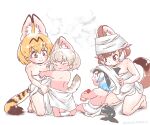  4girls after_bathing aged_down animal_ears bare_shoulders black_hair blonde_hair blue_hair blush brown_hair cetacean_tail common_dolphin_(kemono_friends) dhole_(kemono_friends) dog_ears dog_girl dog_tail dolphin_girl dorsal_fin drying extra_ears fins fish_tail holding holding_towel kemono_friends kemono_friends_3 maki_(02uh14l1b740ao2) multicolored_hair multiple_girls naked_towel open_mouth serval_(kemono_friends) short_hair smile steam tail towel towel_on_head wet wet_hair white_hair white_serval_(kemono_friends) 