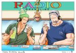  2boys ashtray bara blue_shirt bottle card chair cigar den_den_mushi desk english_text eyewear_on_head green_hair green_shirt happy_birthday hat headphones holding holding_bottle holding_card kokorozashi looking_at_another looking_at_viewer male_focus mature_male microphone multiple_boys muscular muscular_male one_piece open_mouth paper party_hat pectoral_cleavage pectorals pen radio_booth reading roronoa_zoro scar scar_across_eye scar_on_chest scar_on_face shirt short_hair sitting smile smoke smoker_(one_piece) smoking snail sunglasses water_bottle white_hair window 