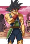  1boy armor bardock black_eyes broken broken_armor dragon_ball dragon_ball_z headband highres injury looking_at_viewer male_focus monkey_tail muscular saiyan saiyan_armor sakata_s2023 scar scar_on_cheek scar_on_face solo spiked_hair tail torn_clothes wristband 