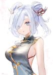  1girl bare_arms blue_eyes breasts china_dress chinese_clothes double_bun dress fujito_(call_f_) genshin_impact hair_bun hair_over_one_eye highres looking_at_viewer shenhe_(genshin_impact) solo white_background white_hair 