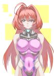  1girl absurdres adapted_costume ahoge arms_behind_back bodysuit breasts covered_navel expressionless fortified_suit gonrikiya groin hair_intakes highres hip_vent kagami_sumika long_hair looking_at_viewer medium_breasts muv-luv muv-luv_alternative parted_lips pink_bodysuit red_eyes skin_tight sleeveless sleeveless_bodysuit solo straight-on very_long_hair 