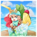  1boy blonde_hair blue_eyes chibi cloud cup diego_brando drink drinking_glass drinking_straw flower food fruit gloves grm_jogio jojo_no_kimyou_na_bouken long_hair looking_at_viewer male_focus open_mouth outdoors pants pineapple sky solo steel_ball_run sweater water 