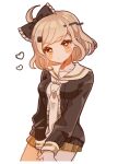  1girl ameko53133 black_bow black_shirt blonde_hair blush bow breasts brown_skirt collarbone cowboy_shot danganronpa_(series) danganronpa_another_episode:_ultra_despair_girls frilled_bow frills hair_bow hair_ornament hairclip heart highres jacket looking_at_viewer medium_breasts medium_hair miniskirt nakajima_kanon necktie open_clothes open_jacket orange_eyes pleated_skirt shirt shirt_tucked_in simple_background skirt solo white_necktie white_shirt 