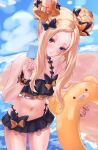  1girl abigail_williams_(emerald_float)_(fate) abigail_williams_(fate) bare_shoulders beach bikini black_bikini black_bow black_skirt blonde_hair blue_eyes blue_sky blush bow breasts double_bun fate/grand_order fate_(series) food forehead frilled_bikini frills hair_bow hair_bun highres innertube lemon_(user_kwfp8524) long_hair looking_at_viewer microskirt navel orange_bow parted_bangs popsicle shore skirt sky small_breasts solo swimsuit thighs 