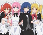  4girls :d absurdres ahoge apron artist_name black_bow black_bowtie black_dress black_jacket black_pants blonde_hair blue_eyes blue_hair blush bocchi_the_rock! bow bowtie closed_mouth collared_shirt commentary_request double_v dress formal gotou_hitori green_eyes grey_background grey_vest hair_between_eyes hair_ornament hair_over_eyes hairclip hands_in_pockets highres ijichi_nijika jacket kita_ikuyo long_hair long_sleeves looking_at_viewer maid maid_apron maid_headdress mole mole_under_eye multiple_girls one_side_up open_clothes open_jacket open_mouth pants pink_hair puffy_short_sleeves puffy_sleeves red_bow red_bowtie red_eyes red_hair rokochandayo shirt short_hair short_sleeves side_ponytail sidelocks simple_background smile sparkle suit sweatdrop translation_request twitter_username upper_body v vest watermark white_apron white_shirt wrist_cuffs yamada_ryou yellow_eyes 