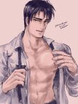  1boy abs artist_name black_bow black_bowtie black_eyes black_hair bow bowtie brown_background character_name closed_mouth commentary dated highres kaiji looking_at_viewer male_focus medium_bangs murakami_tamotsu muscular muscular_male nipples open_clothes open_shirt shirt simple_background smile solo symbol-only_commentary undone_bowtie unknown03162 upper_body white_shirt 