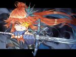  1girl armor bird_hair_ornament blood blue_nails earrings feather_hair feathers fingerless_gloves flaming_eye gloves gradient_hair hair_ornament highres holding holding_sword holding_weapon hololive hololive_english iskaydi jewelry long_hair looking_at_viewer multicolored_hair orange_hair purple_eyes solo sword takanashi_kiara takanashi_kiara_(6th_costume) virtual_youtuber weapon 