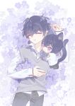  2boys animal_ear_fluff animal_ears arm_up black_hair black_pants cat_ears cat_tail closed_eyes closed_mouth collared_shirt dress_shirt ear_piercing flower hair_between_eyes highres littletreeee long_sleeves lying marius_von_hagen_(tears_of_themis) multiple_boys on_back pants parted_lips piercing purple_eyes purple_flower shirt sleeves_past_wrists sweater_vest tail tears_of_themis white_shirt 