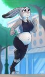  anthro belly big_belly bottomwear bouncing_breasts bra breasts clothed clothing digital_media_(artwork) disney drxii exercise female fur grey_body grey_fur hi_res jogging judy_hopps lagomorph leporid mammal outside pregnant pregnant_female rabbit shorts smile solo sports_bra topwear underwear workout workout_clothes workout_clothing workout_outfit zootopia 